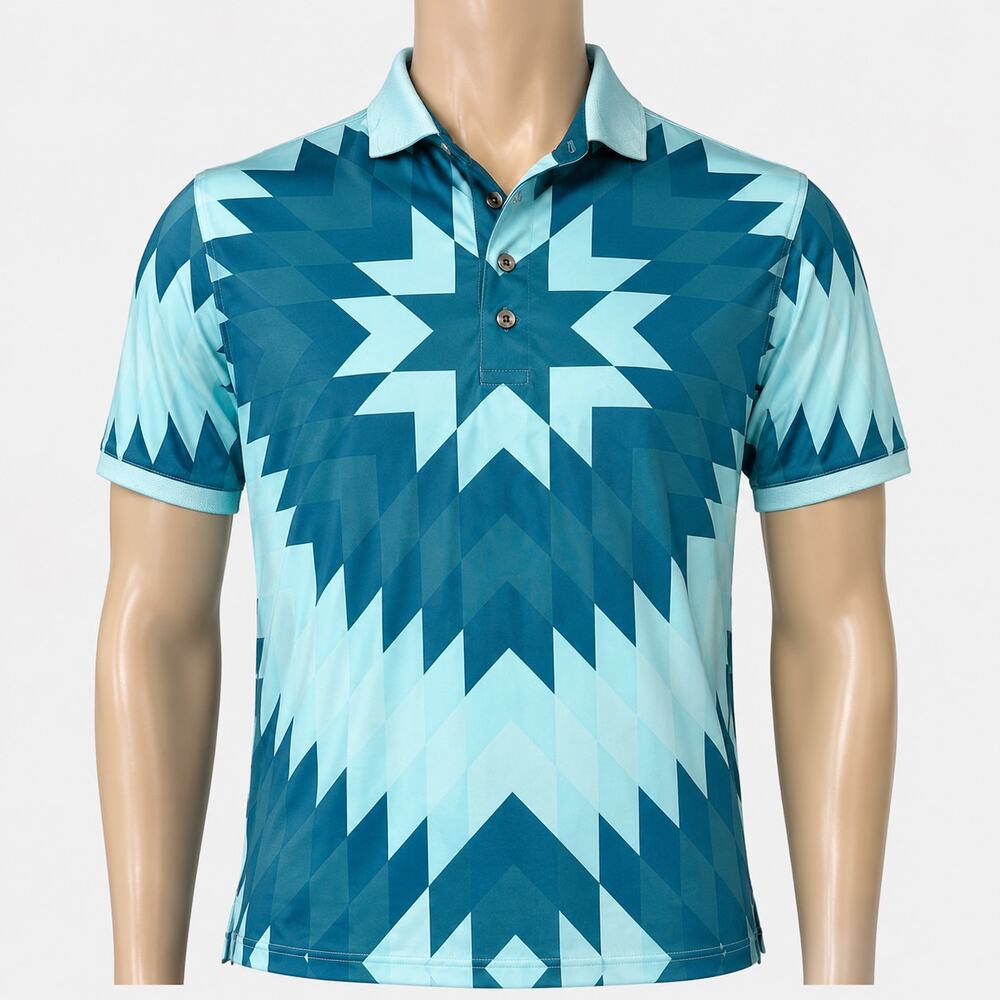 Greyson Aqua Blue Geometric Performance Golf Polo Shirt Men's Medium M Stretch